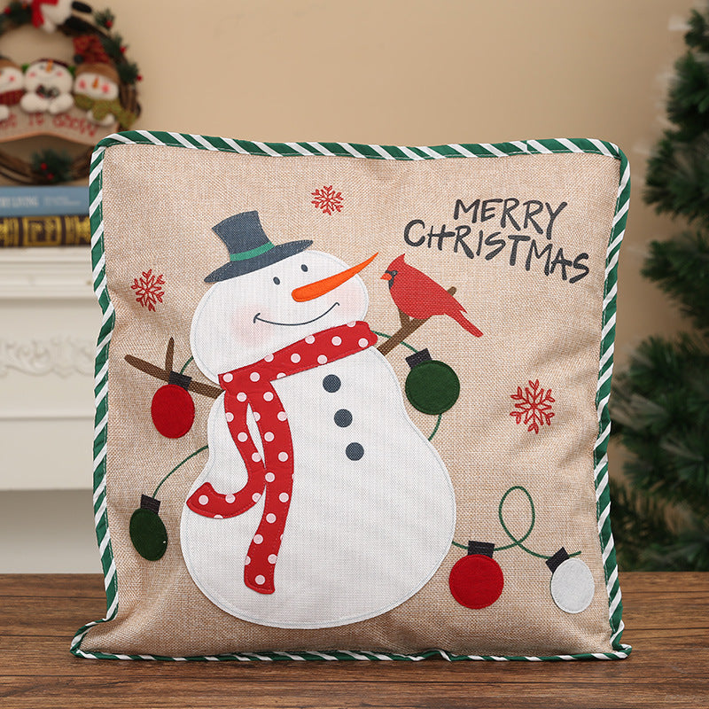 Christmas-themed snowman pillowcase with "Merry Christmas" text, made of imitation linen, 46x46 cm.