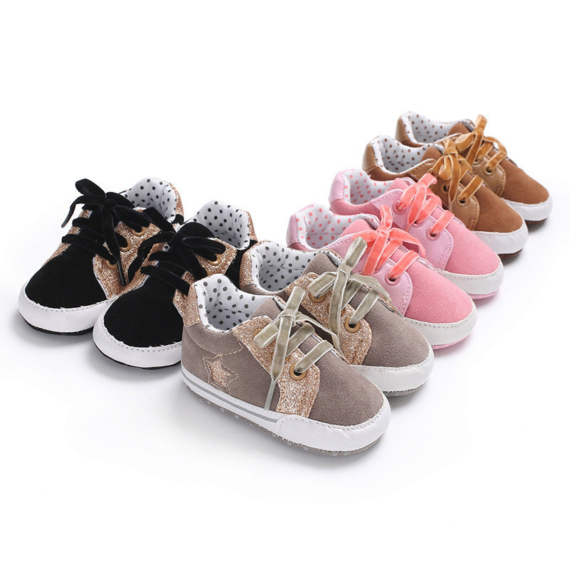 Baby sneakers in black, brown, gray, and pink; stylish, comfortable, non-slip shoes for toddlers.