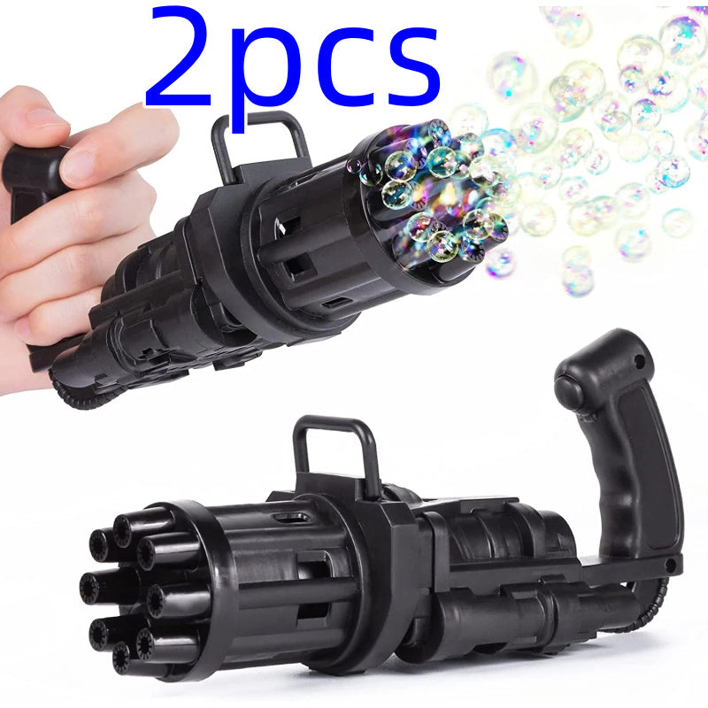 Kids toy bubble-blowing machine gun in black, creating bubbles, handheld design, 2 pieces.