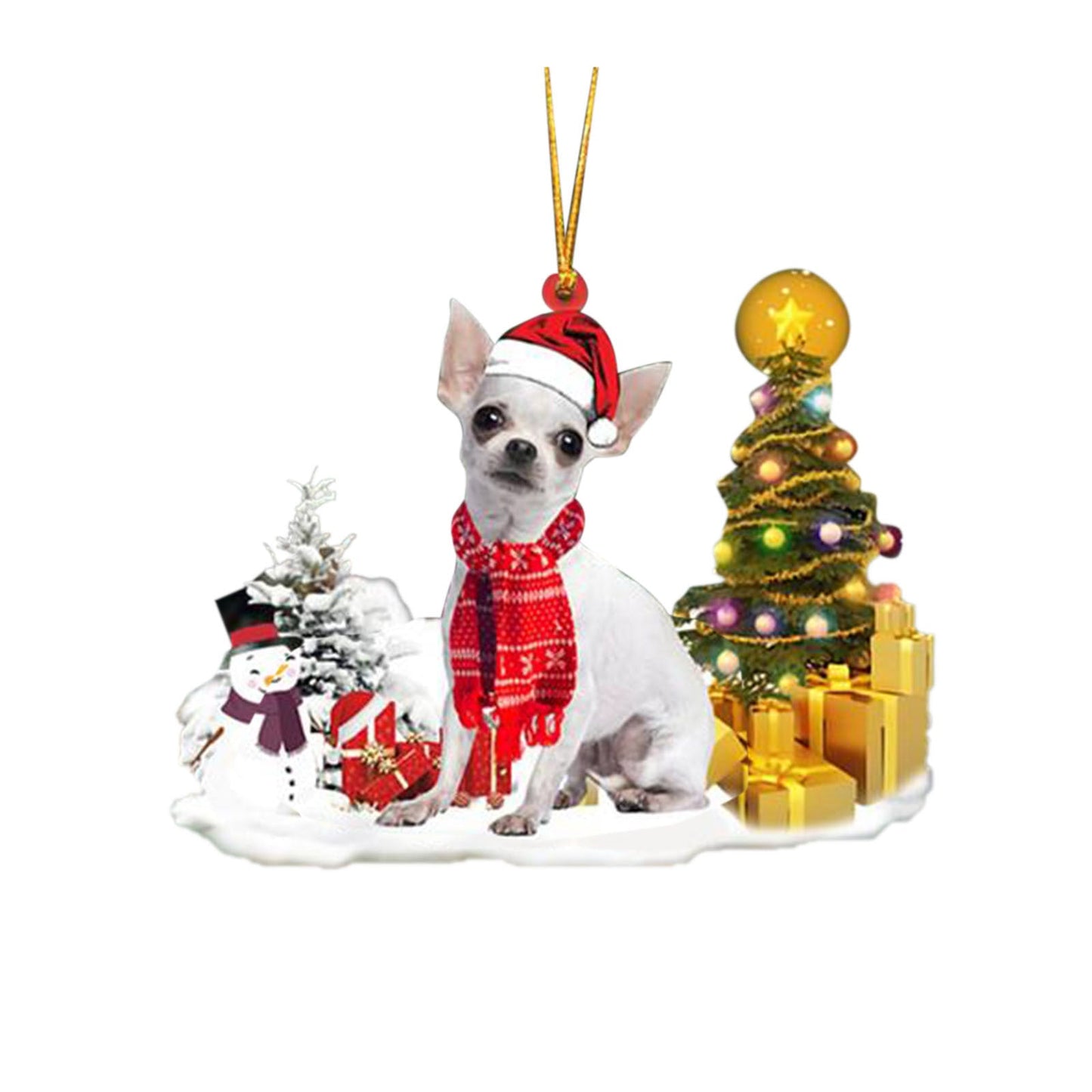 Christmas puppy ornament with red and white Santa hat, scarf, and festive background featuring decorated tree and snowman.