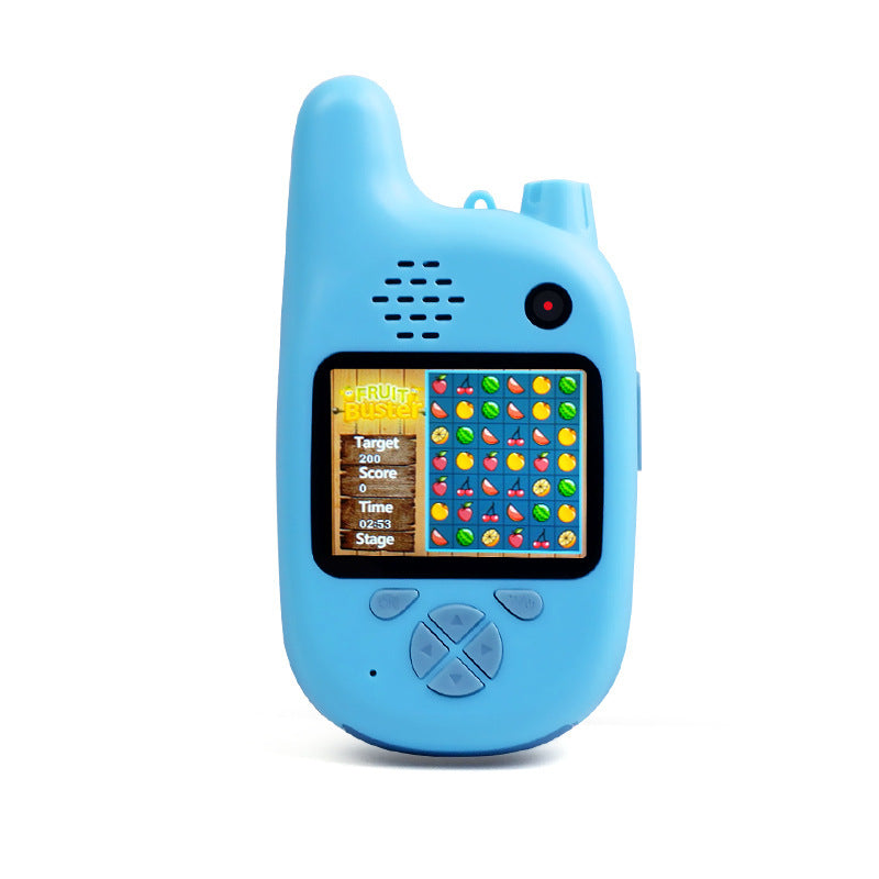 Walkie-talkie kids camera toy with 1.5" screen, 12MP resolution, and 90-degree lens.