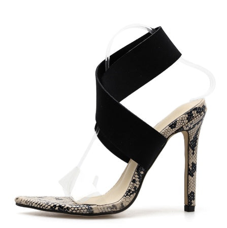 High heels with snake pattern, fish mouth shape, microfiber upper, non-slip rubber sole, 8cm heel.
