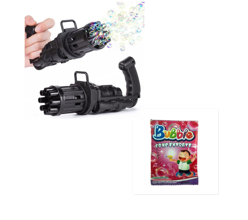 Kids toy bubble machine gun in black with bubble concentrate packet.