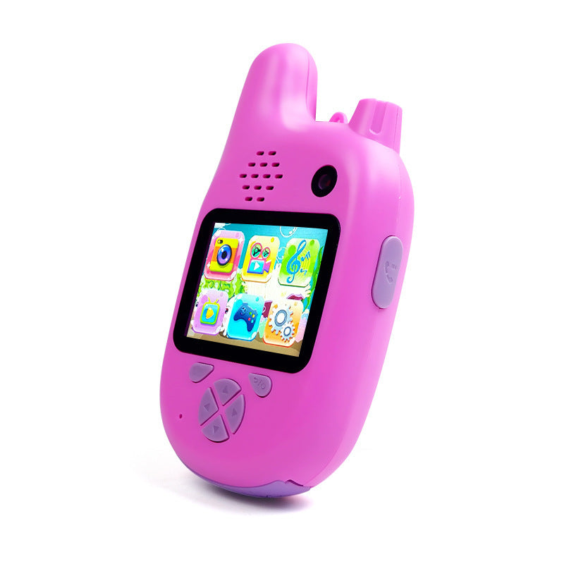Walkie-talkie kids camera toy with mini HD screen in cartoon design, pink color.