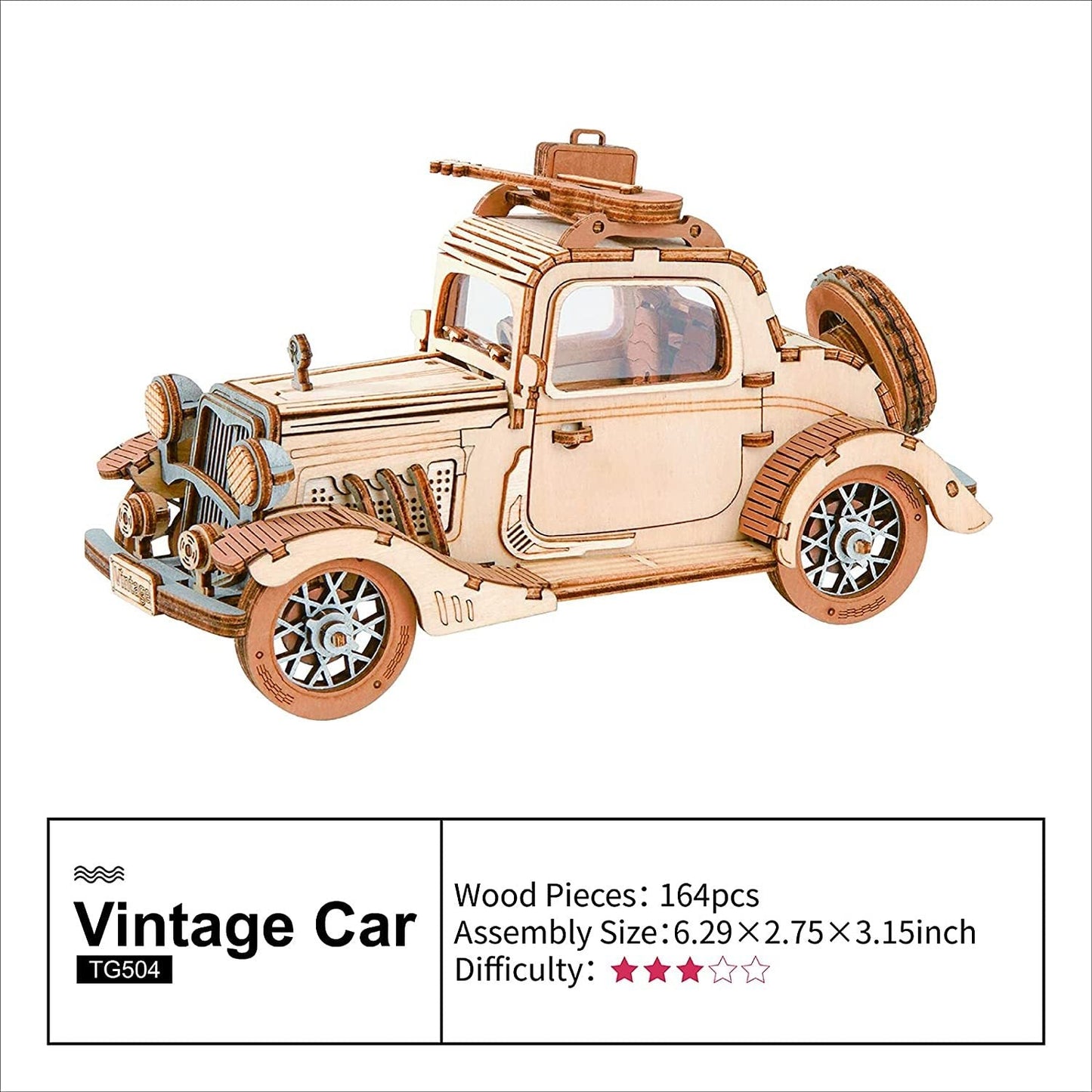 3D wooden vintage car model puzzle for children, includes 164 pieces, difficulty rating 4 out of 5.
