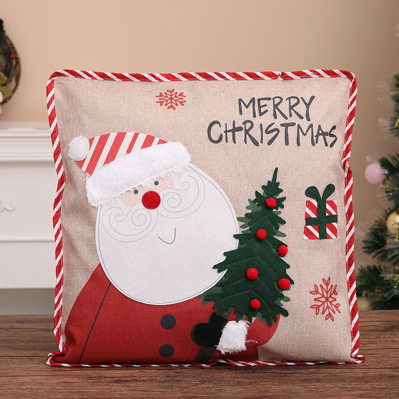 Santa Claus pillowcase with Christmas tree design, imitation linen fabric, 46x46 cm size.
