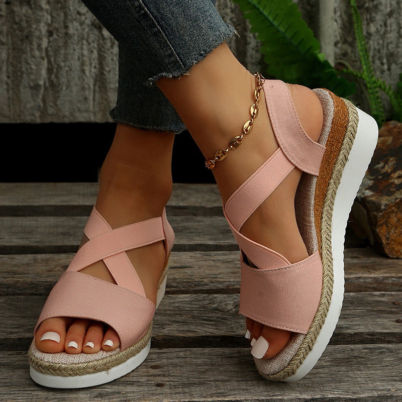 women cross-strap platform gladiator hemp heel shoes