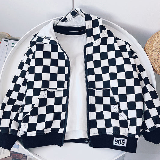 Children's hooded plaid jacket in black and white, Korean style, cotton material.