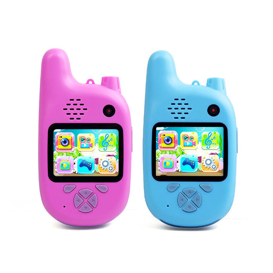 Kids walkie-talkie cameras with HD cartoon design, 90° wide-angle lens, 1080p video, and multi-language support.