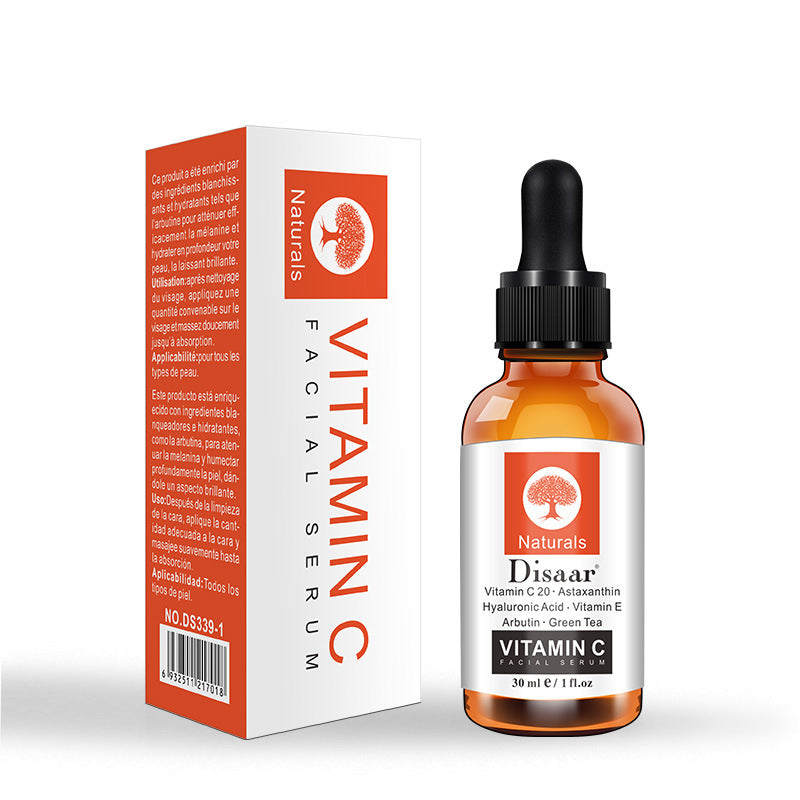 Vitamin C serum bottle and packaging, 30ml, for facial brightening and moisturizing.