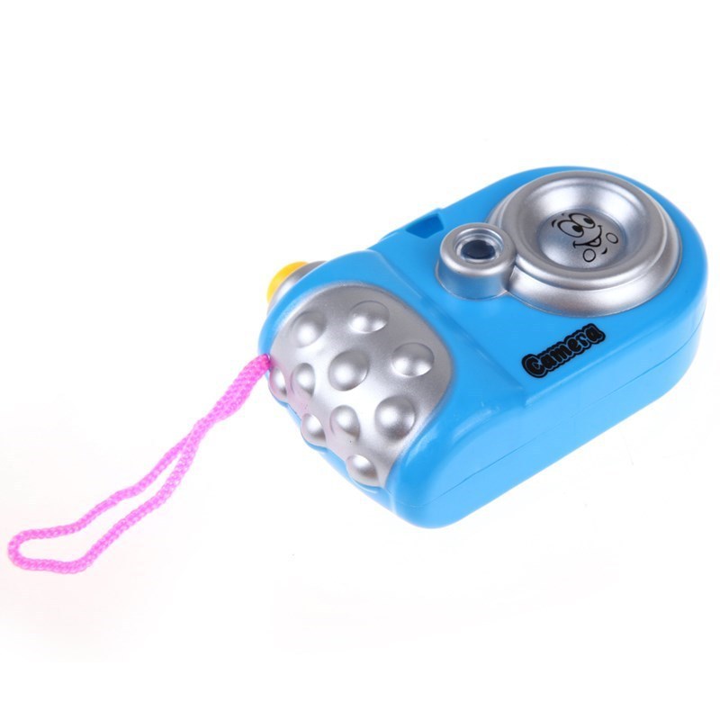 Blue kids projection camera toy with pink string and buttons for educational play.
