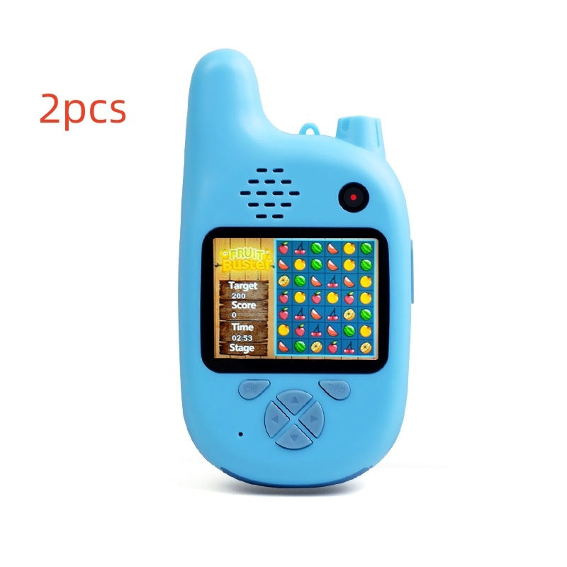 Walkie-talkie kids camera toy with 1080p video, 12MP photos, and blue cartoon design.