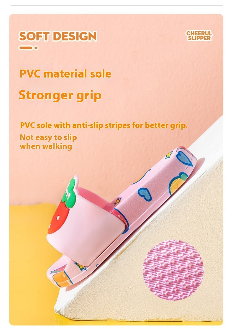 Strawberry-themed children's pink slippers with PVC non-slip sole.