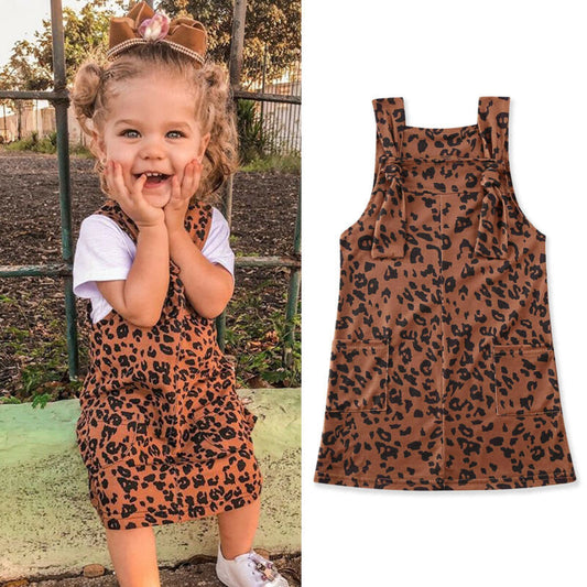 Baby girls' sleeveless leopard dress made from 100% cotton, suitable for ages 3 months to 6 years.