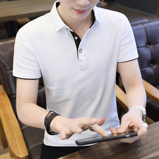 Men's Casual Polo Shirt â Cotton Short Sleeve Patchwork Design with Zipper & Turn-Down Collar