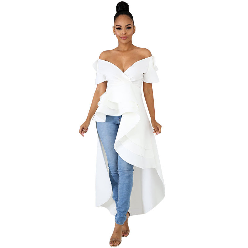 White off-shoulder asymmetrical evening dress with ruffle design.