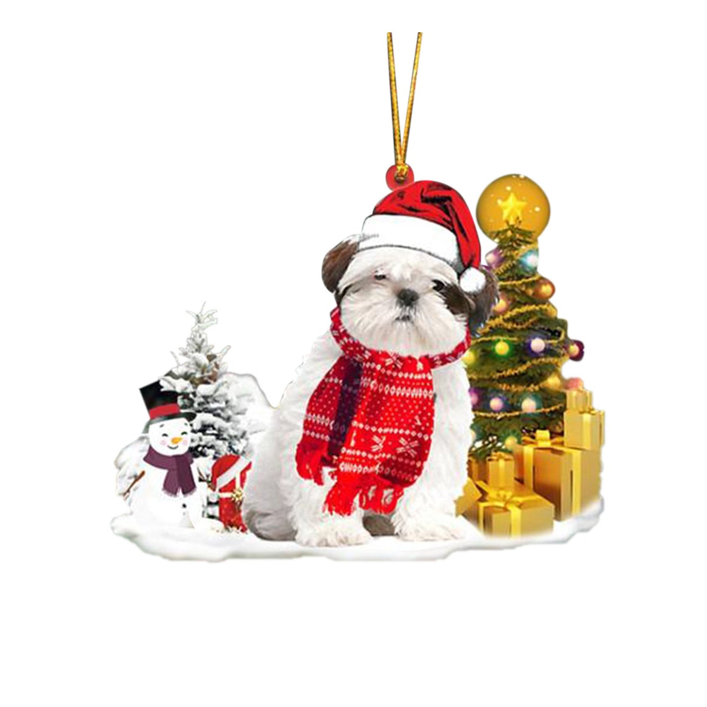 Puppy Christmas decoration with scarf and Santa hat next to festive trees and gifts.
