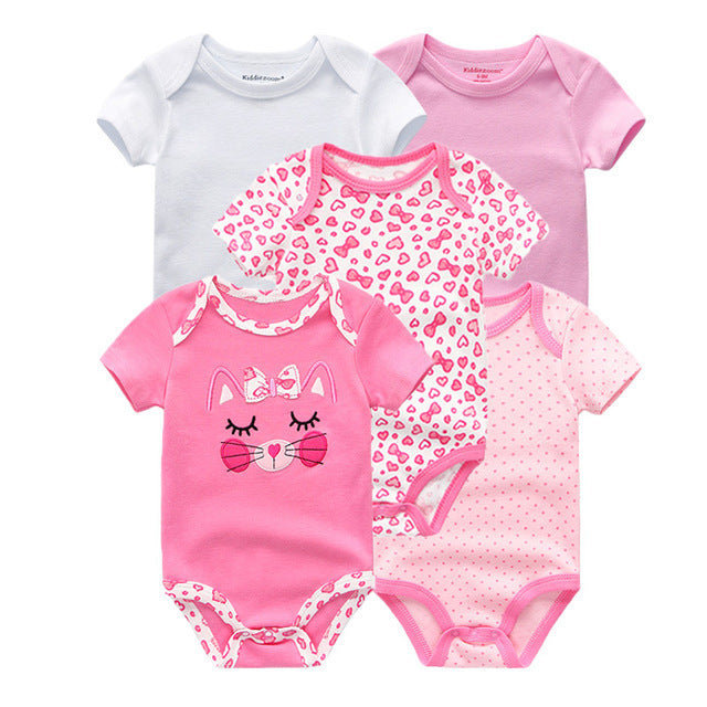 Summer baby jumpsuits in pink and white designs for newborns, featuring short sleeves and cute patterns.