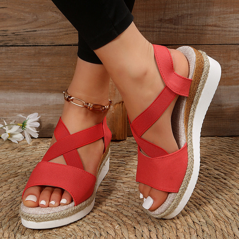 women cross-strap platform gladiator hemp heel shoes