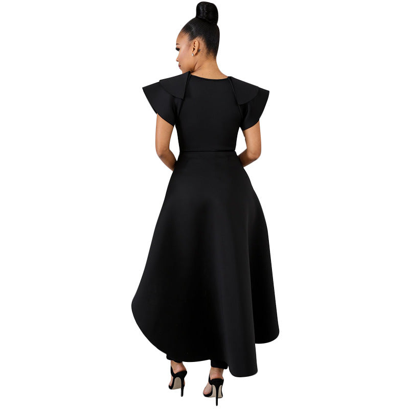 Elegant black evening dress with an irregular skirt and high waist.
