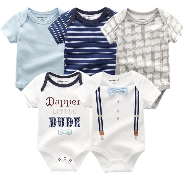 Summer baby jumpsuits for newborns, cotton sleeveless leisure style, set of five with blue and plaid patterns.