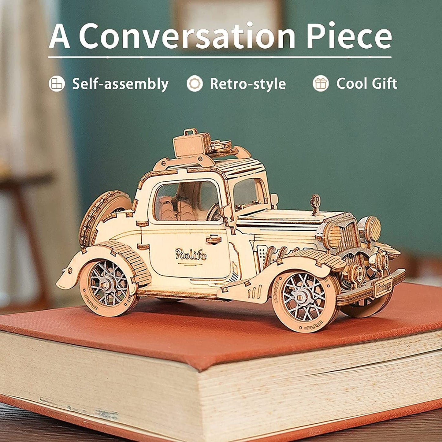 3D wooden vintage car model puzzle on a book, ideal for children, self-assembly, retro-style toy.