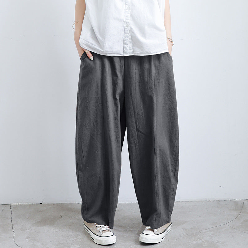 Womens Plus-Size Lantern Trousers in navy blue with loose lantern-shaped legs