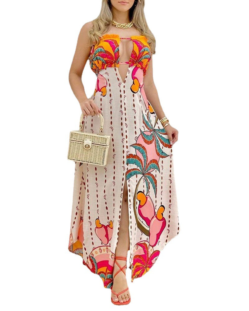 Orange cotton blend women's dress with a mature style, featuring a vibrant pattern, available in sizes S to 3XL.