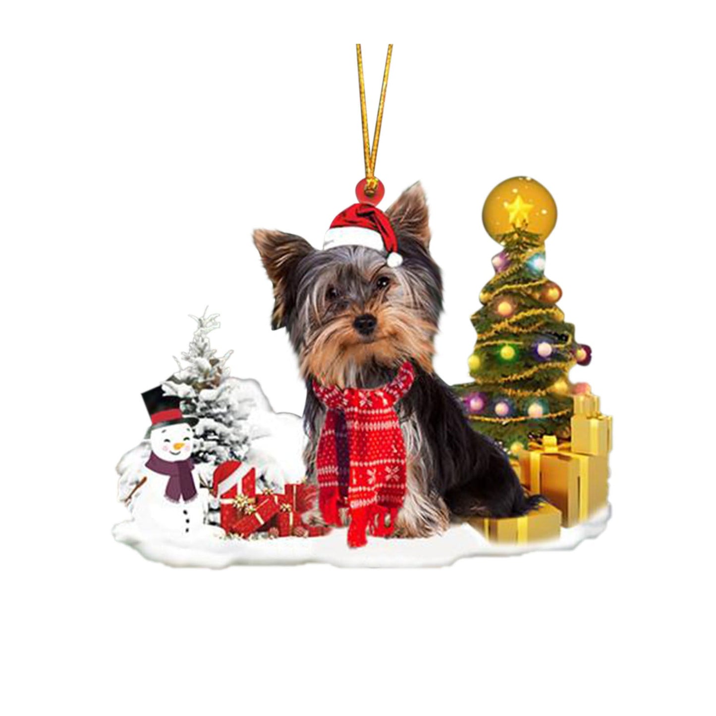 Christmas puppy decoration with scarf and Santa hat by Christmas tree and gifts.