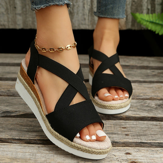 women cross-strap platform gladiator hemp heel shoes