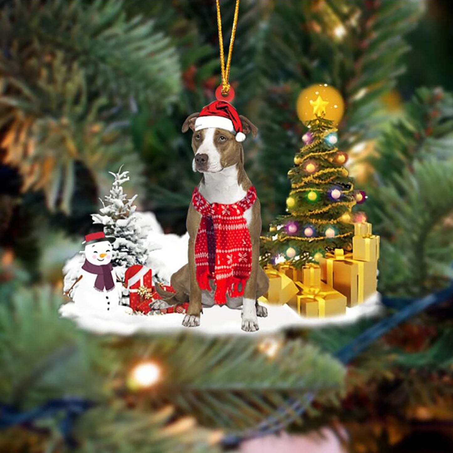 Christmas puppy ornament decorating tree with lights, festive scene with gifts and snowman, PVC material.
