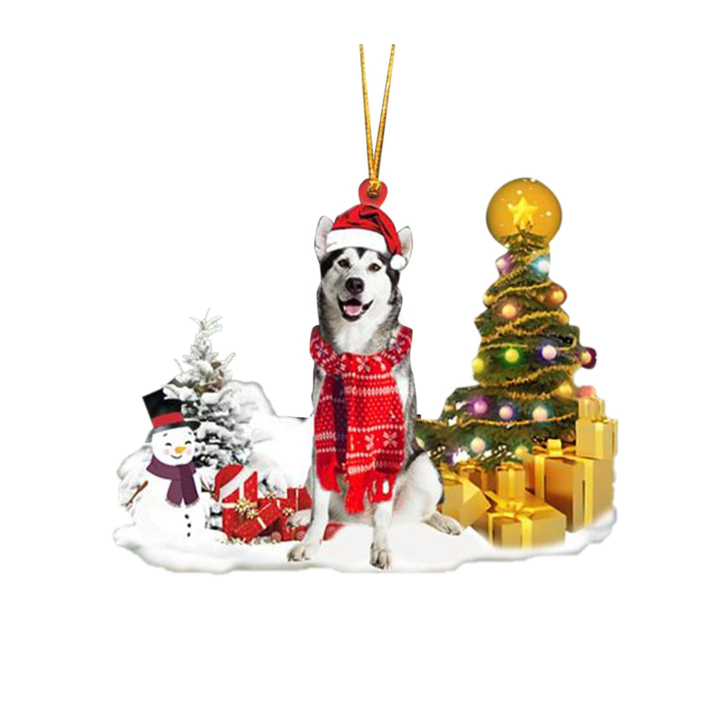Christmas puppy decoration with lights and gifts, white and red colors.