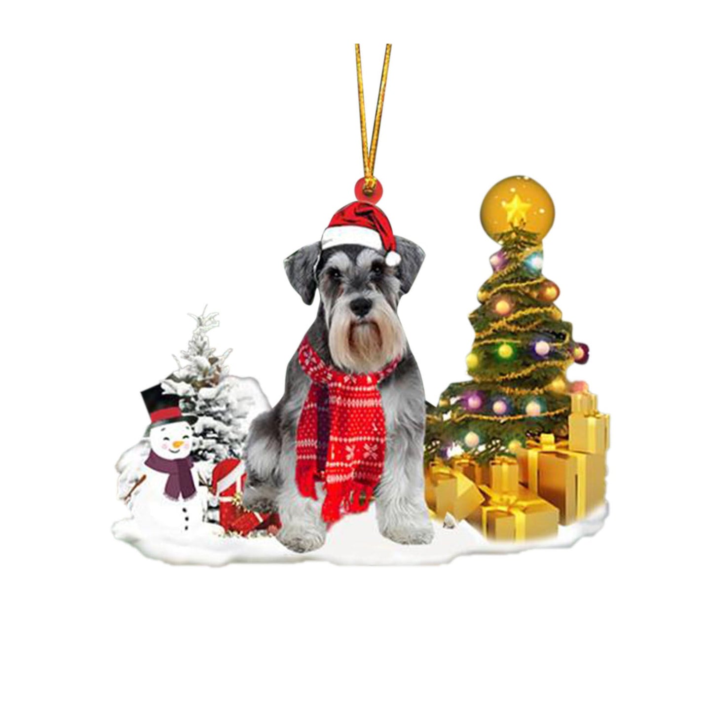 Christmas puppy decoration with Santa hat and tree.