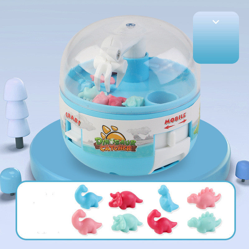 Children's dinosaur-themed mini gashapon toy machine in blue with colorful dinosaur figurines.