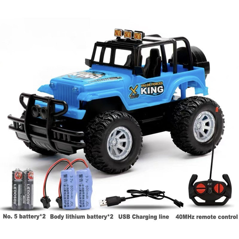 Blue USB charging remote control toy car with remote, batteries, and charging cable for kids.