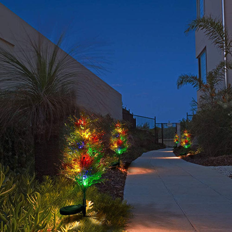 Solar-powered Christmas lights illuminating pine and cypress trees along a garden pathway at night.
