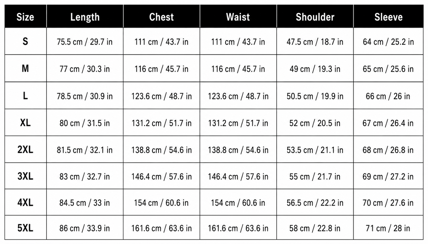 Mens Stand Collar Shirt size chart with measurements from S to 5XL