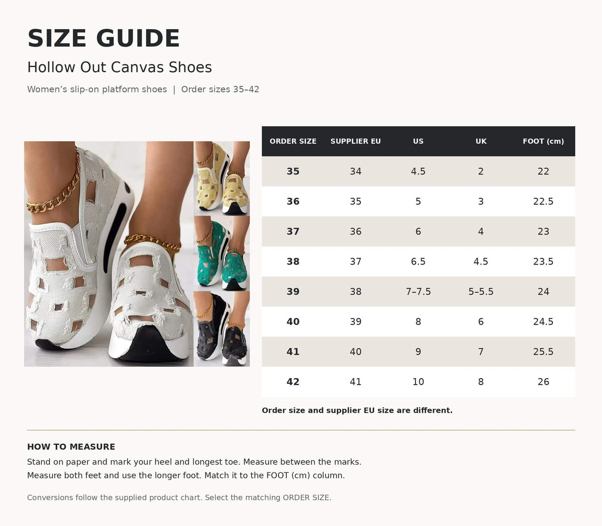 Hollow Out Canvas Shoes size guide for women showing order sizes 35–42, supplier EU, US and UK conversions, foot lengths and four shoe colours.