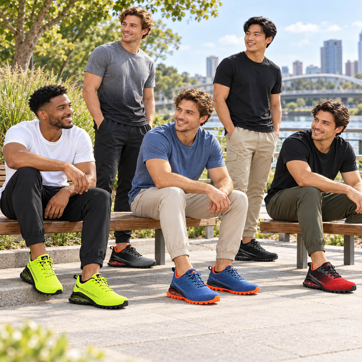 Mens Outdoor Sneakers in green, grey, blue, black and red, worn by five male models in casual outfits on a sunny riverside promenade.
