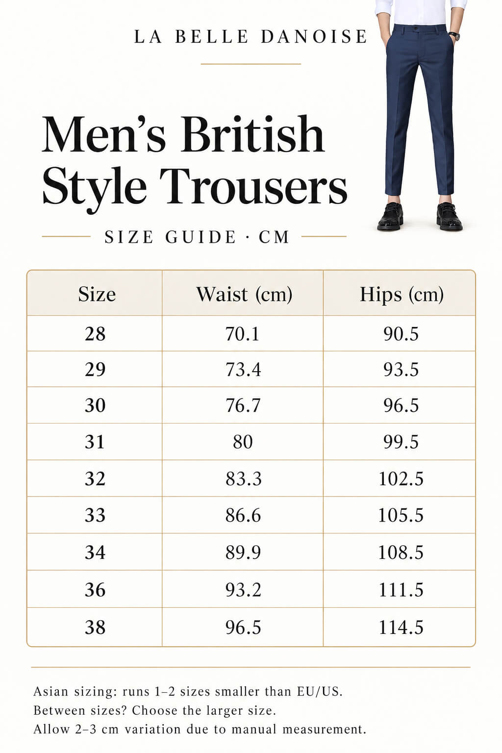Mens British Style Trousers size guide by LA BELLE DANOISE, showing navy trousers and waist and hip measurements in cm for sizes 28–38.