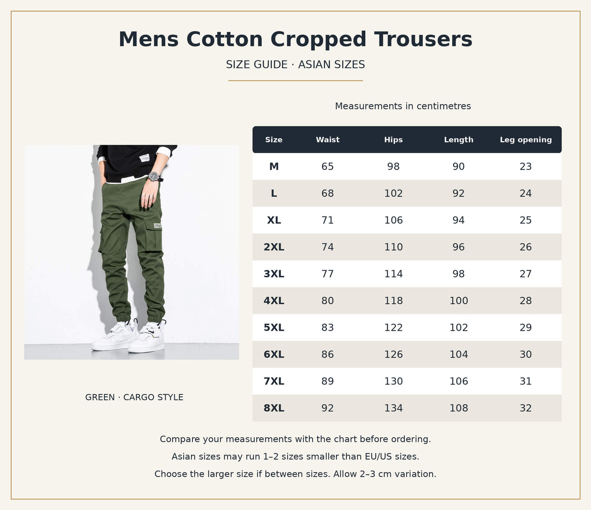 Mens Cotton Cropped Trousers size guide with Green cargo trousers and waist, hip, trouser length and leg opening measurements for Asian sizes M–8XL.