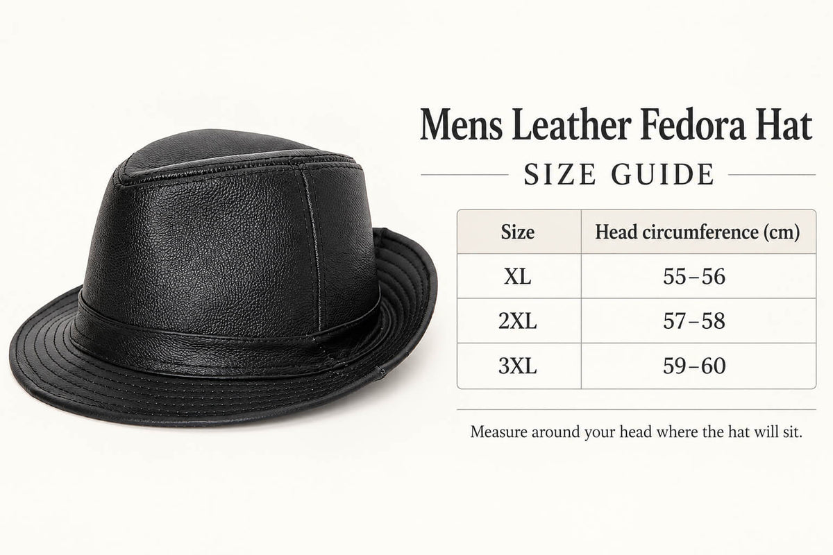 Mens Leather Fedora Hat size guide with black hat and head circumference measurements: XL 55–56 cm, 2XL 57–58 cm, 3XL 59–60 cm