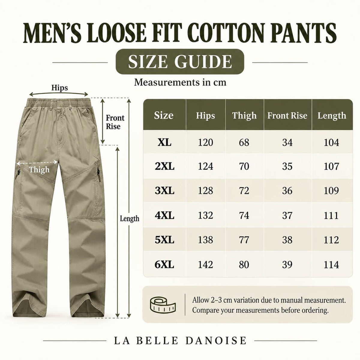 Mens Loose Fit Cotton Pants size guide with hip thigh front rise and length measurements