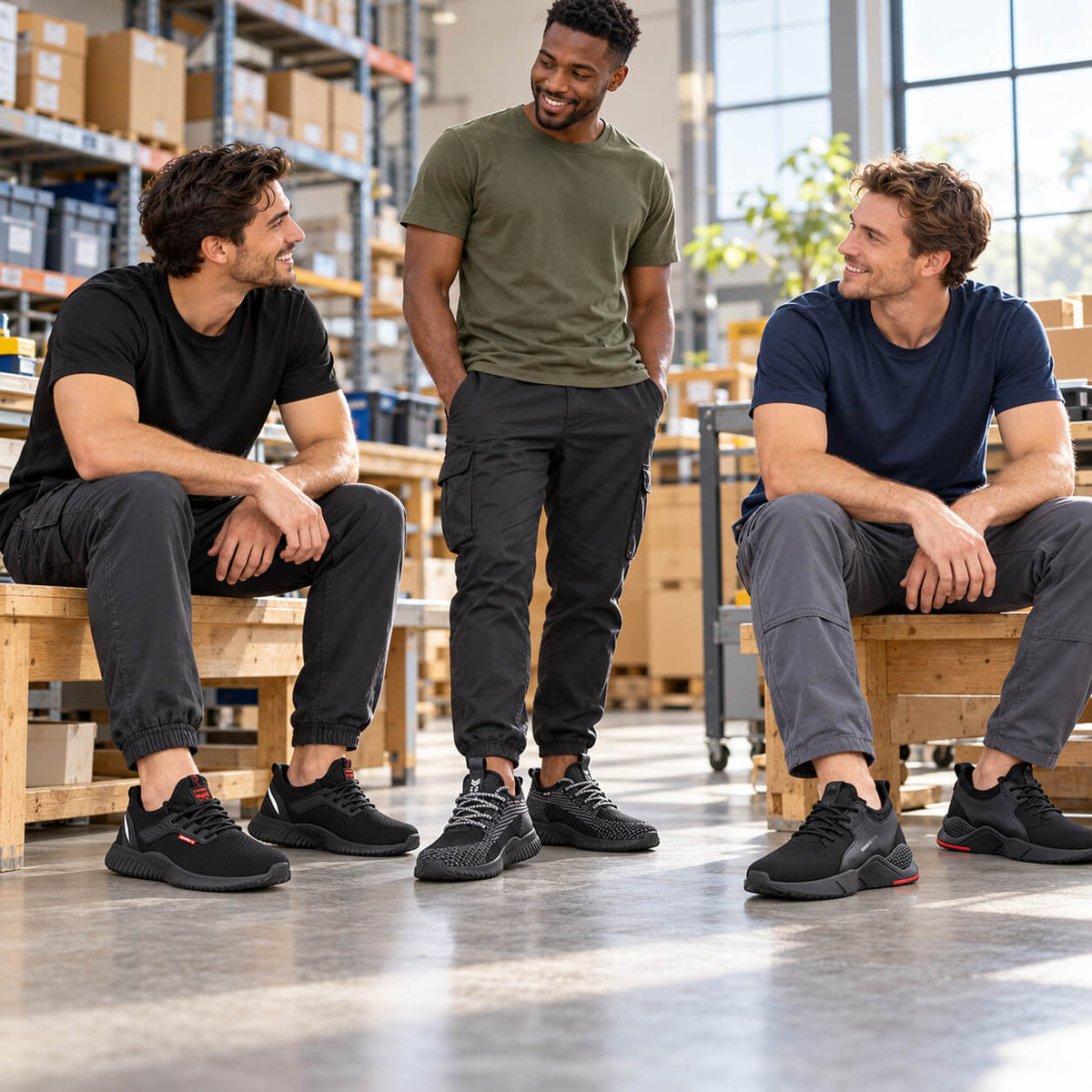 Mens Steel Toe Work Shoes in three black styles, shown worn by men in a bright workshop setting.