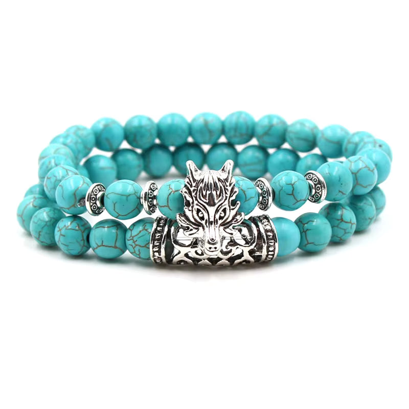 Bohemian Turquoise Bracelet Set with detailed silver-tone lion charm
