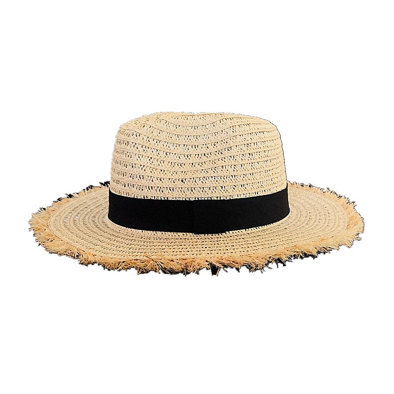 Womens Raffia Straw Hat in Beige, front view showing the woven crown, contrasting black hatband and wide frayed brim