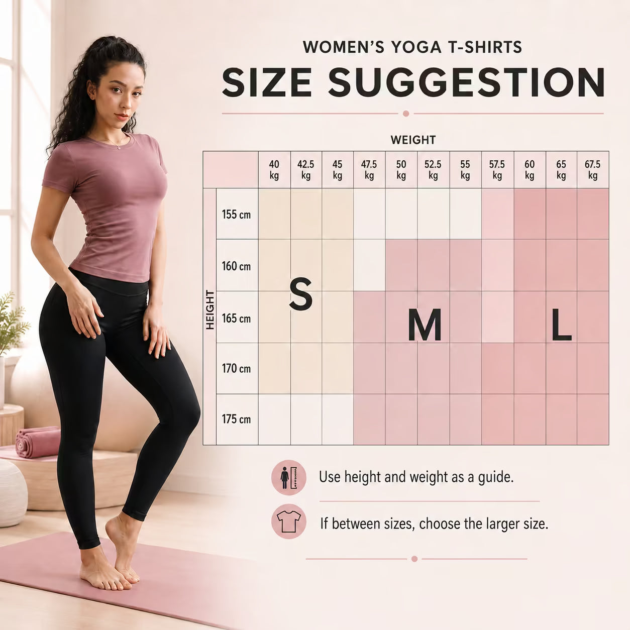 Women’s Yoga T-Shirts size guide with height, weight and S–L recommendations