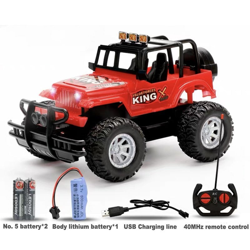 USB charging remote control toy car for kids in red, includes batteries and 40MHz remote control.