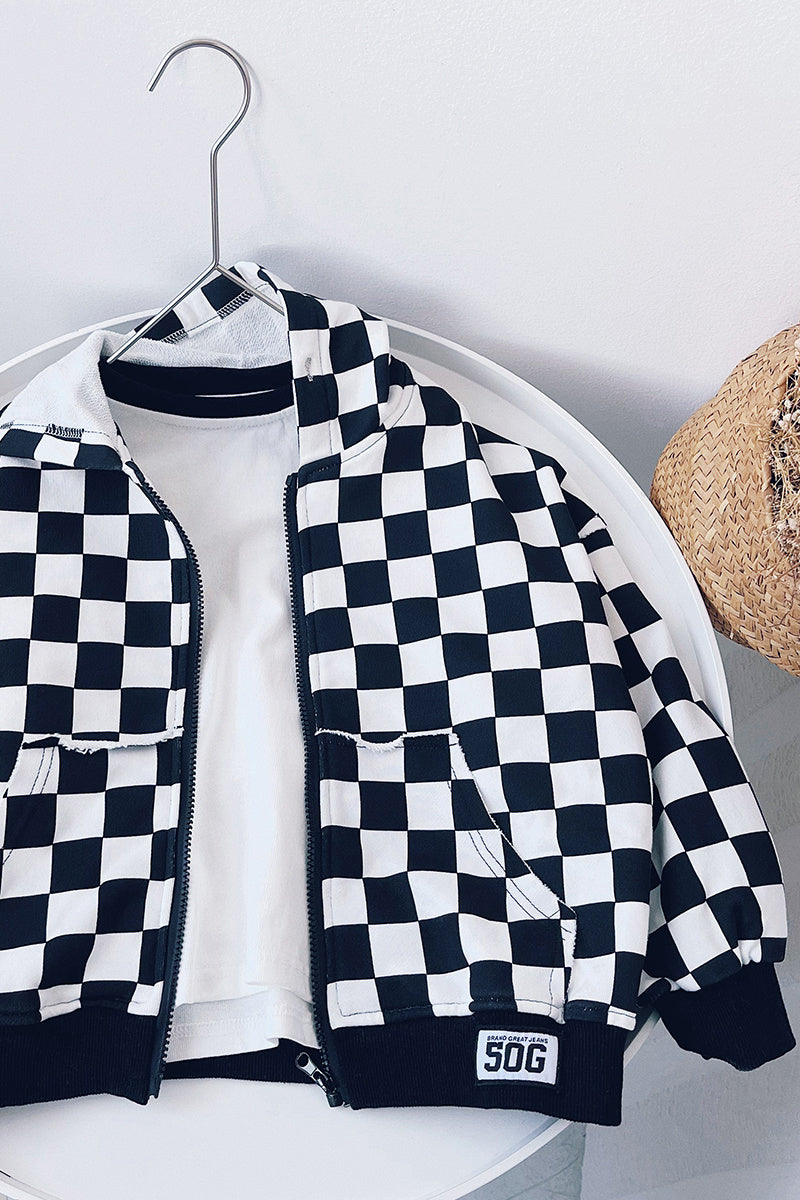 Children's black and white plaid hooded coat, cotton material, Korean style, displayed on a hanger.