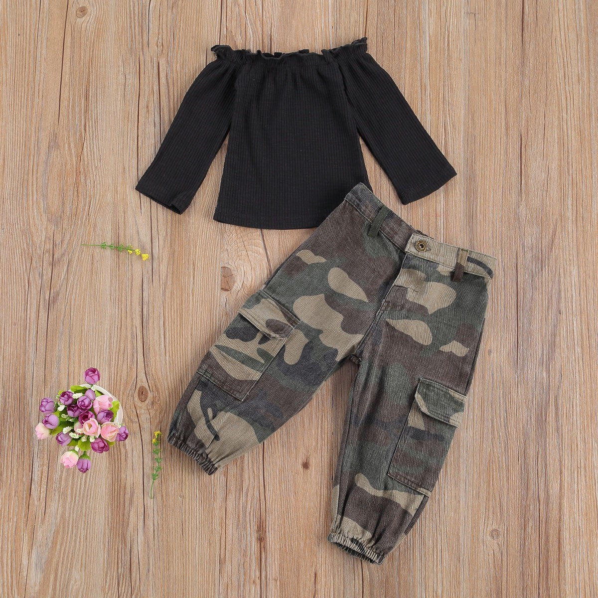 Black boat neck top and camouflage print pants for girls, suitable for ages 1-6, perfect for daily wear.